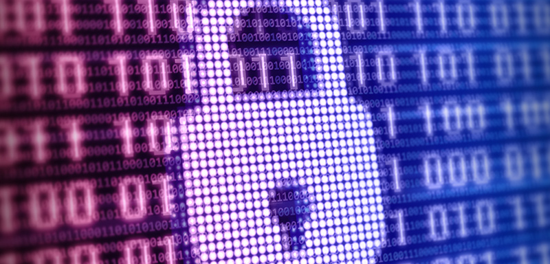 A digital depiction of a padlock in front of a matrix of binary code