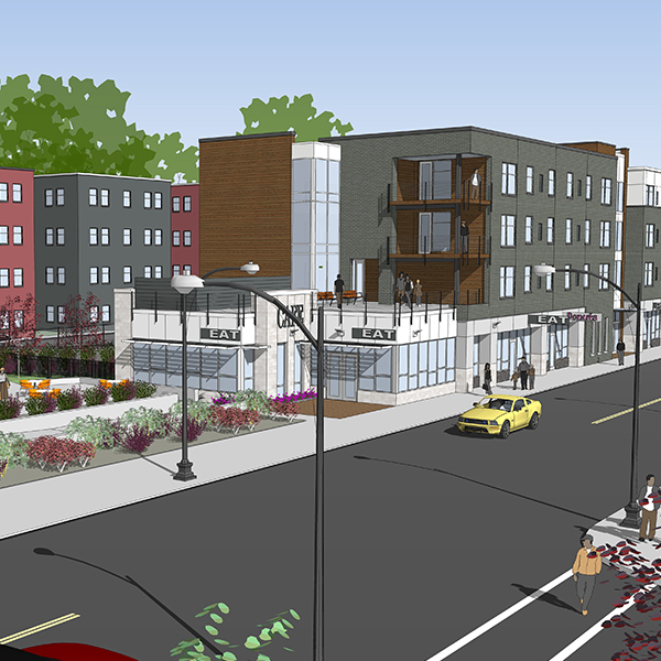 Artist's rendition of Cleveland's Glenville Circle from the southeast