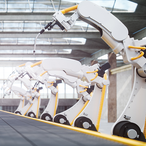 Rows of robotic machinery along a conveyor belt