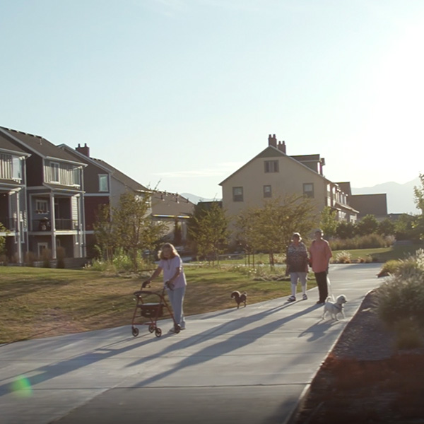Seniors walking dogs through housing complex