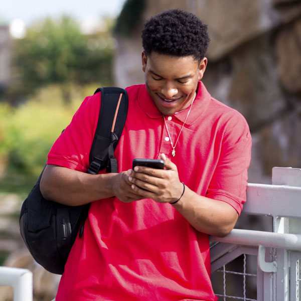 Boy leaning on a fence texting.