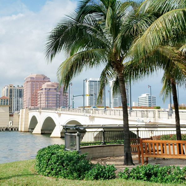 park bench with palm trees looking at a bridge over water